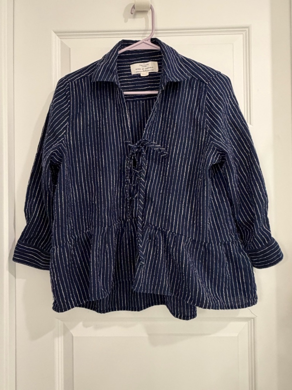 TROVATA Birds of Paradis Striped Navy Linen Blend Peplum Lace-Up Tunic